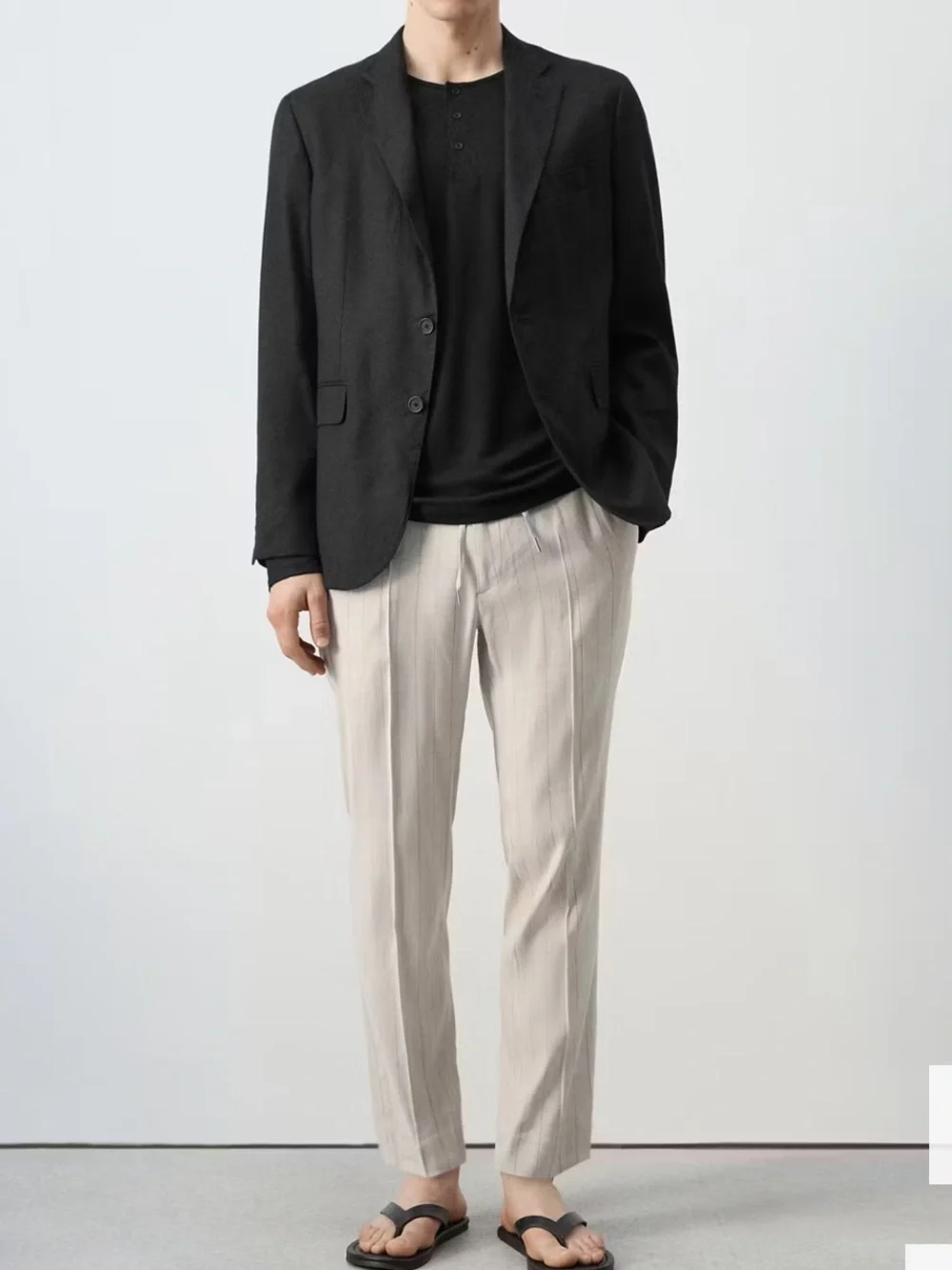 Mango Men’s Light Beige Pinstripe Drawstring Joggers STRIPED SLIM-FIT LINEN